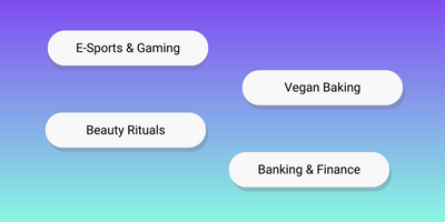 Four different topics – E-Sports & Gaming, Vegan Baking, Beauty Rituals, and Banking & Finance